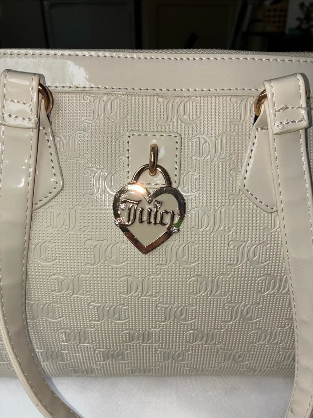 Juicy Couture Gothic JC Logo Monogram Tote Cream Gold Hardware Heart Lock